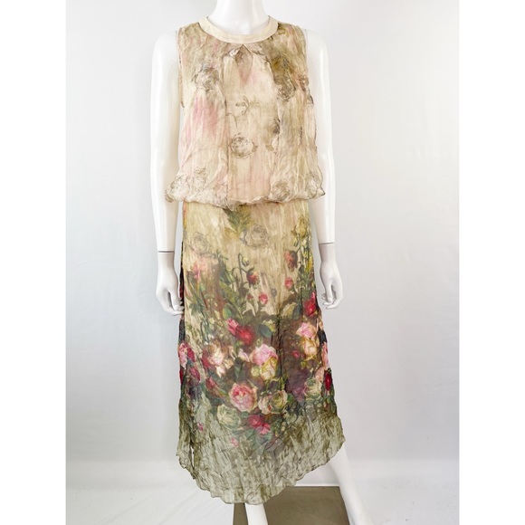 Queen Mulock Dress Floral Silk Chiffon Midi Sleeveless Size S Roses Romantic - Picture 2 of 14
